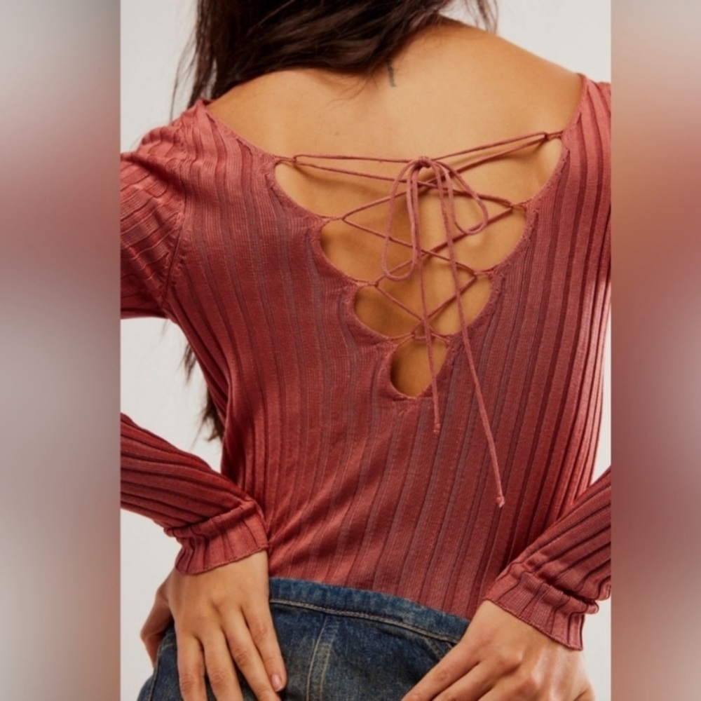 Free People Pink Ribbed Back Lace Up Long Sleeve Top